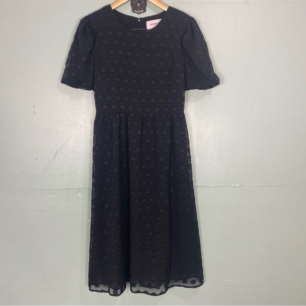 Jessakae‎ Black Floral Midi Dress Short Sleeve Sz M